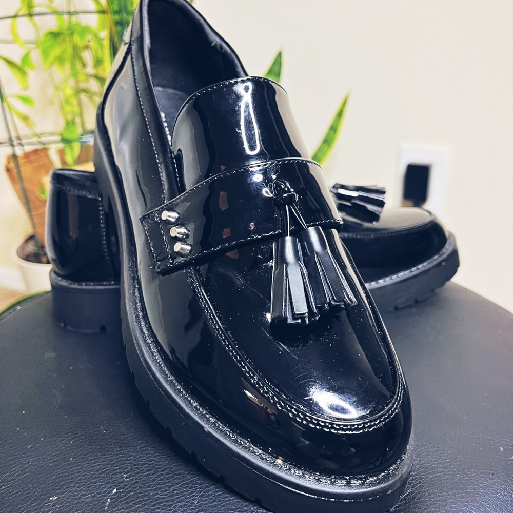 Black Patent Leather Loafers with Tassels